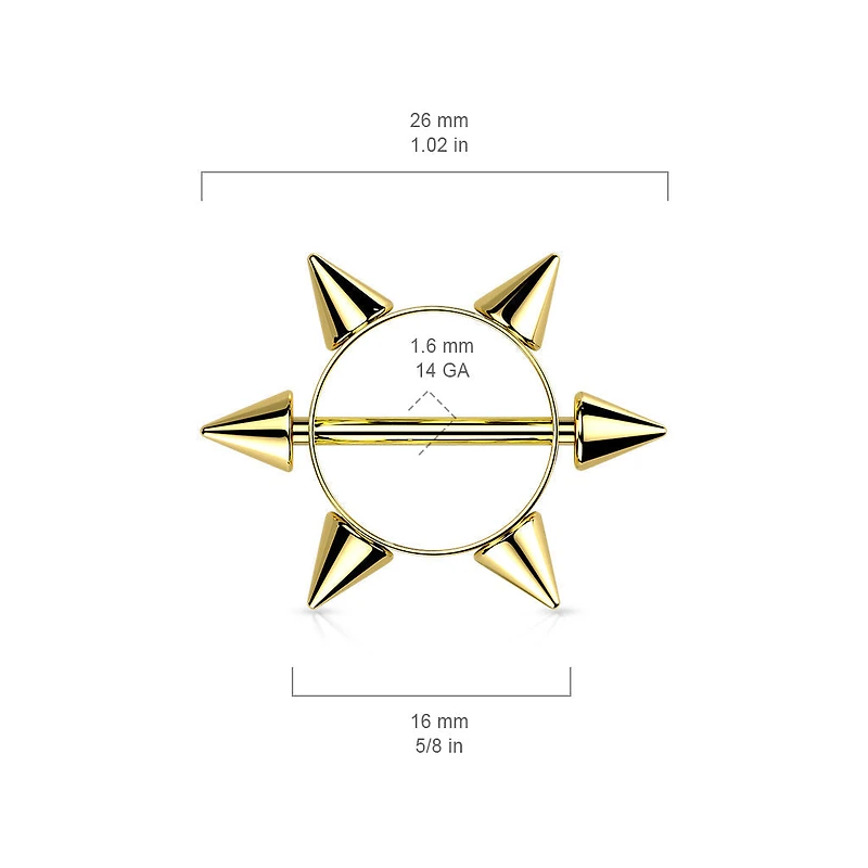 316L Surgical Steel Gold PVD Multi Spike Nipple Ring Shield Straight Barbell