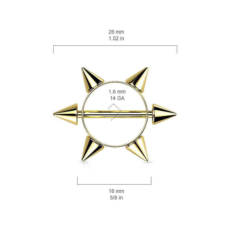 316L Surgical Steel Black PVD Multi Spike Nipple Ring Shield Straight Barbell