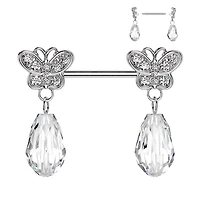 316L Surgical Steel Large White CZ Butterfly Clear Gem Dangle Nipple Ring Straight Barbell