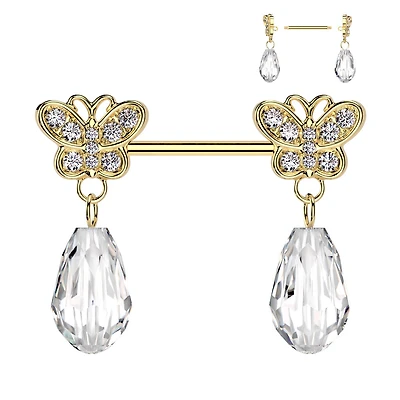 316L Surgical Steel Gold PVD Large White CZ Butterfly Clear Gem Dangle Nipple Ring Straight Barbell