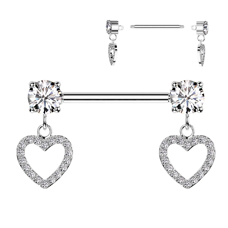 316L Surgical Steel White CZ Heart Outline Dangle Nipple Ring Straight Barbell