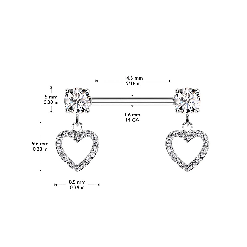 316L Surgical Steel White CZ Heart Outline Dangle Nipple Ring Straight Barbell