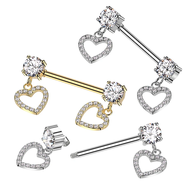 316L Surgical Steel Gold PVD White CZ Heart Outline Dangle Nipple Ring Straight Barbell