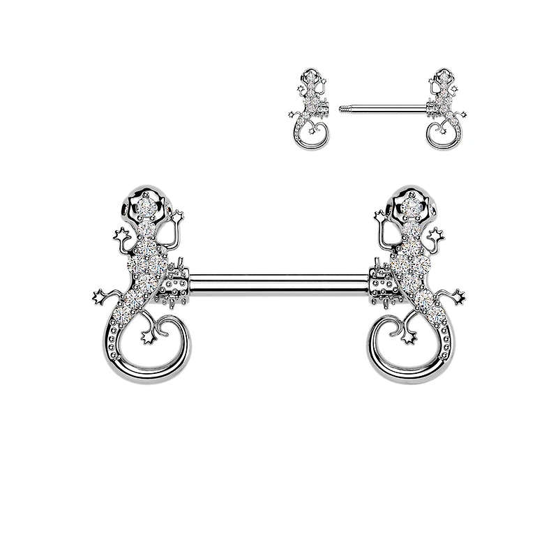 316L Surgical Steel White CZ Lizard Straight Barbell Nipple Ring