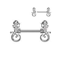 316L Surgical Steel White CZ Lizard Straight Barbell Nipple Ring