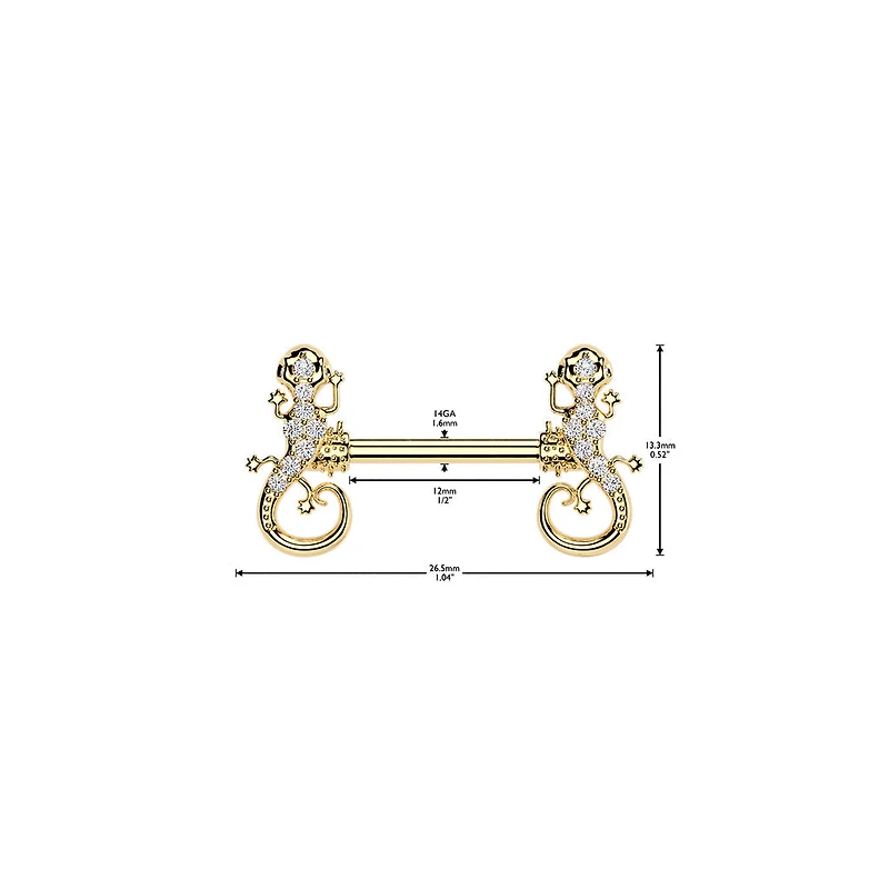 316L Surgical Steel Gold PVD White CZ Lizard Straight Barbell Nipple Ring