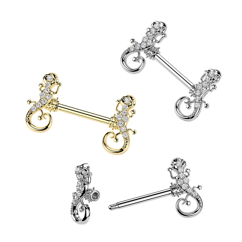 316L Surgical Steel Gold PVD White CZ Lizard Straight Barbell Nipple Ring