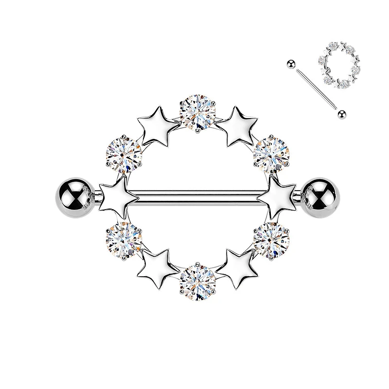 316L Surgical Steel White CZ & Star Full Circle Shield Nipple Ring