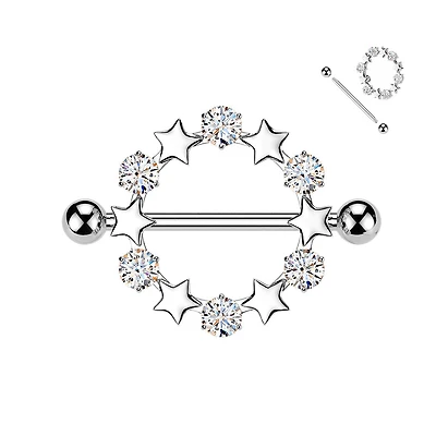 316L Surgical Steel White CZ & Star Full Circle Shield Nipple Ring