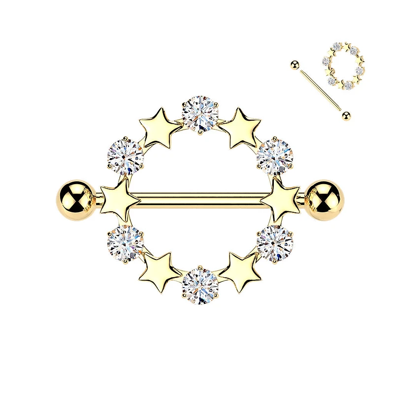 316L Surgical Steel Gold PVD White CZ & Star Full Circle Shield Nipple Ring