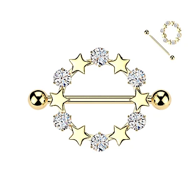 316L Surgical Steel Gold PVD White CZ & Star Full Circle Shield Nipple Ring