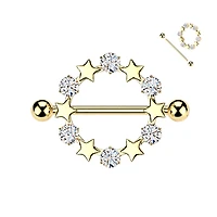 316L Surgical Steel Gold PVD White CZ & Star Full Circle Shield Nipple Ring