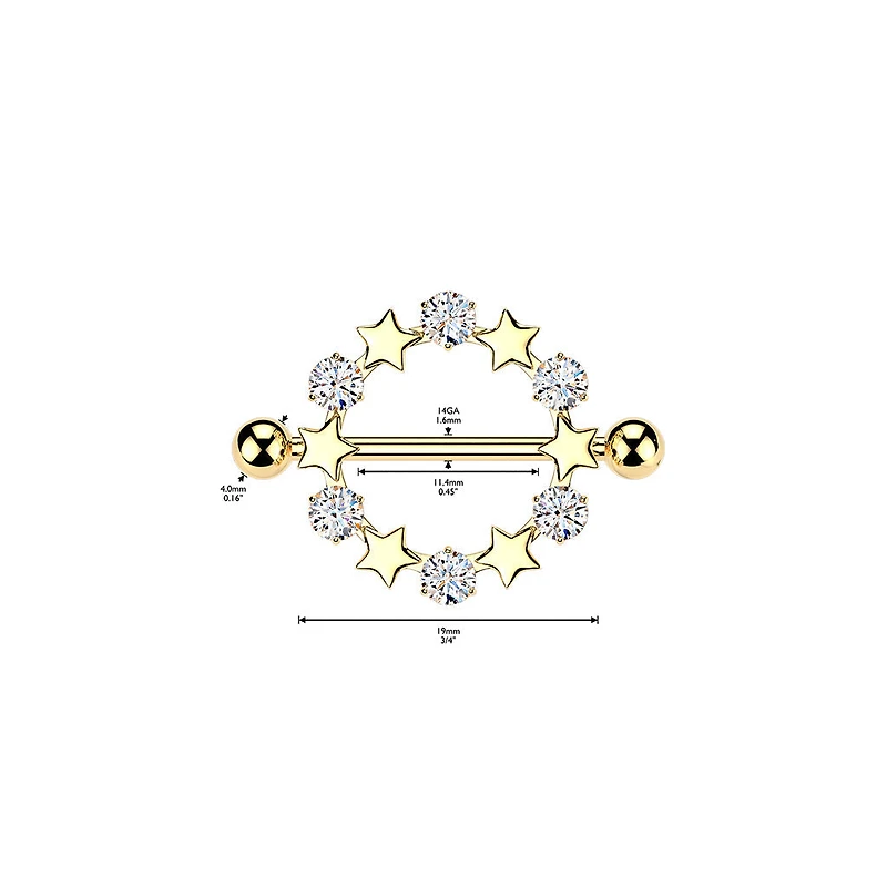 316L Surgical Steel Gold PVD White CZ & Star Full Circle Shield Nipple Ring