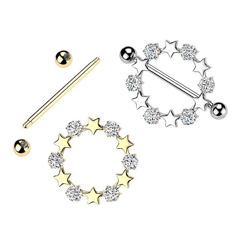316L Surgical Steel Gold PVD White CZ & Star Full Circle Shield Nipple Ring