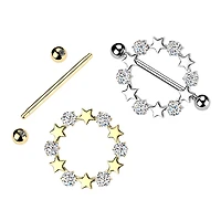 316L Surgical Steel Gold PVD White CZ & Star Full Circle Shield Nipple Ring