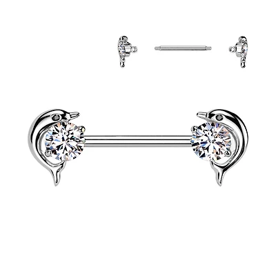 316L Surgical Steel White CZ Dolphin Nipple Ring Straight Barbell