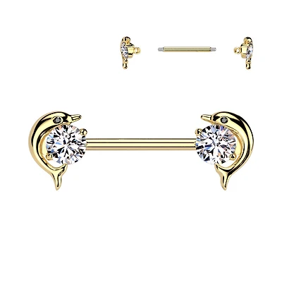 316L Surgical Steel Gold PVD White CZ Dolphin Nipple Ring Straight Barbell