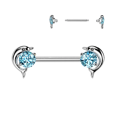 316L Surgical Steel Aqua CZ Dolphin Nipple Ring Straight Barbell