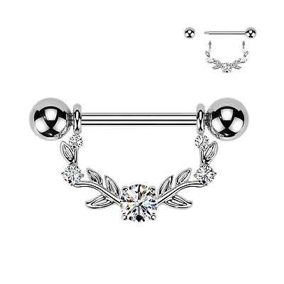 316L Surgical Steel White CZ Vine Shield Nipple Ring Straight Barbell
