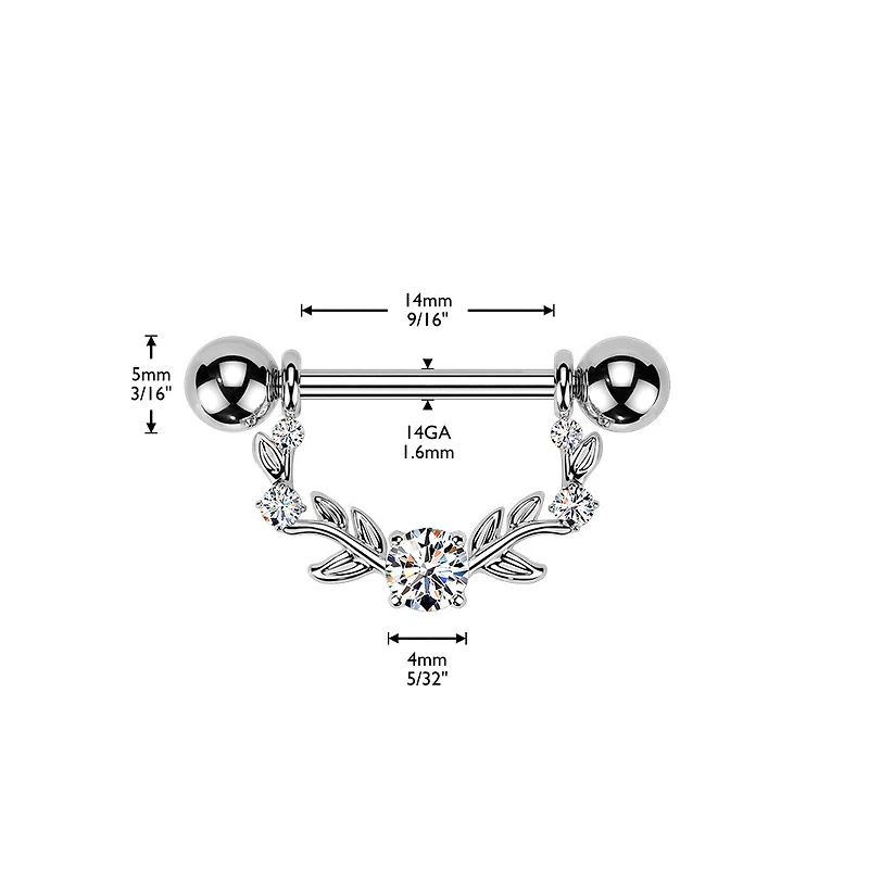 316L Surgical Steel Gold PVD White CZ Vine Shield Nipple Ring Straight Barbell