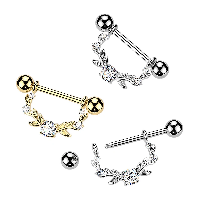 316L Surgical Steel Gold PVD White CZ Vine Shield Nipple Ring Straight Barbell