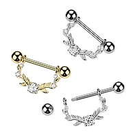 316L Surgical Steel Gold PVD White CZ Vine Shield Nipple Ring Straight Barbell