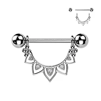 316L Surgical Steel White CZ Floral Lotus Beaded Shield Nipple Ring Straight Barbell