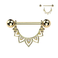 316L Surgical Steel Gold PVD White CZ Floral Lotus Beaded Shield Nipple Ring Straight Barbell