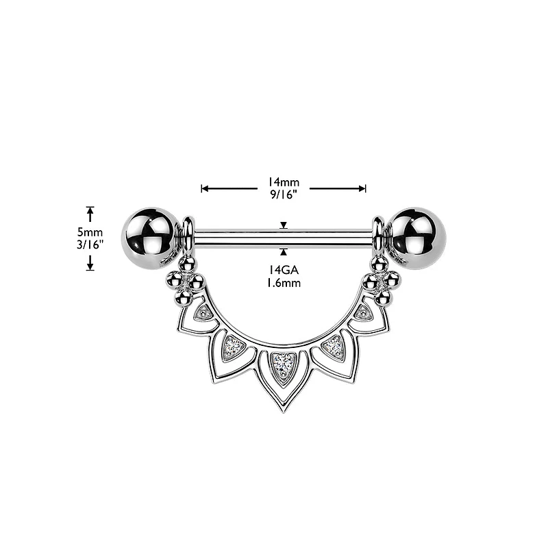 316L Surgical Steel White CZ Floral Lotus Beaded Shield Nipple Ring Straight Barbell