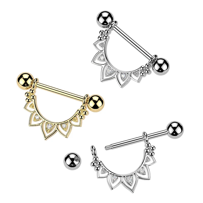 316L Surgical Steel White CZ Floral Lotus Beaded Shield Nipple Ring Straight Barbell