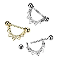 316L Surgical Steel White CZ Floral Lotus Beaded Shield Nipple Ring Straight Barbell