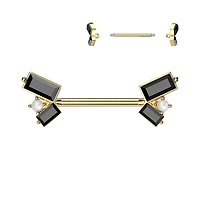 316L Surgical Steel Gold PVD Black CZ Baguette Pearl Cluster Nipple Ring