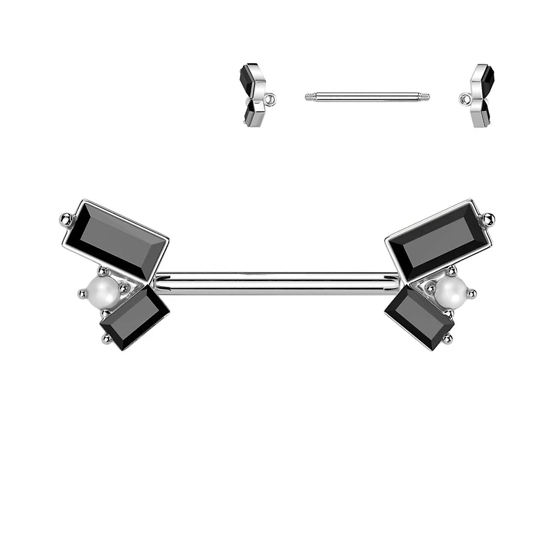 316L Surgical Steel Black CZ Baguette Pearl Cluster Nipple Ring
