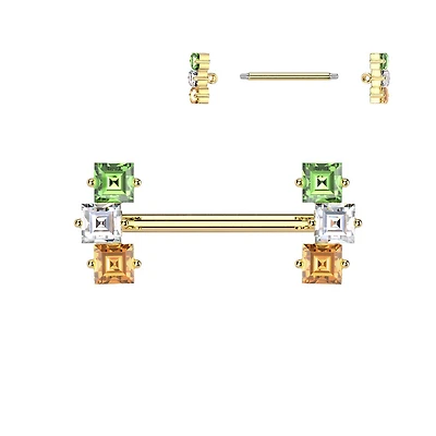 316L Surgical Steel Gold PVD Green White & Orange Straight Barbell Nipple Ring