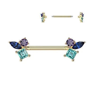 316L Surgical Steel Gold PVD Blue Aqua & Purple CZ Cluster Straight Barbell Nipple Ring