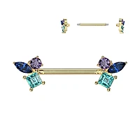 316L Surgical Steel Gold PVD Blue Aqua & Purple CZ Cluster Straight Barbell Nipple Ring