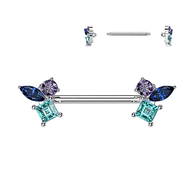 316L Surgical Steel Blue Aqua & Purple CZ Cluster Straight Barbell Nipple Ring