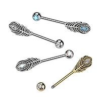 316L Surgical Steel Aqua CZ Peacock Feather Nipple Ring Straight Barbell