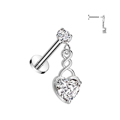 316L Surgical Steel White CZ Internally Threaded Heart Dangle Flat Back Labret