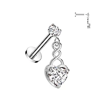 316L Surgical Steel White CZ Internally Threaded Heart Dangle Flat Back Labret