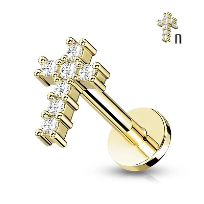 316L Surgical Steel Gold PVD White CZ Dainty Internally Threaded Cross Flat Back Labret