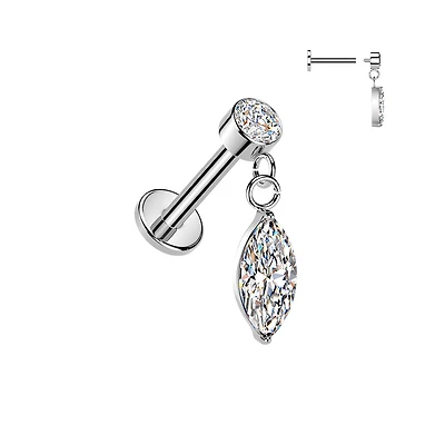 316L Surgical Steel White CZ Marquise Dangle Internally Threaded Flat Back Labret