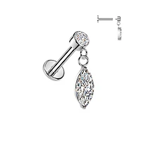 316L Surgical Steel White CZ Marquise Dangle Internally Threaded Flat Back Labret