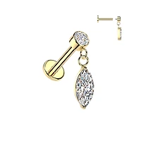 316L Surgical Steel Gold PVD White CZ Marquise Dangle Internally Threaded Flat Back Labret