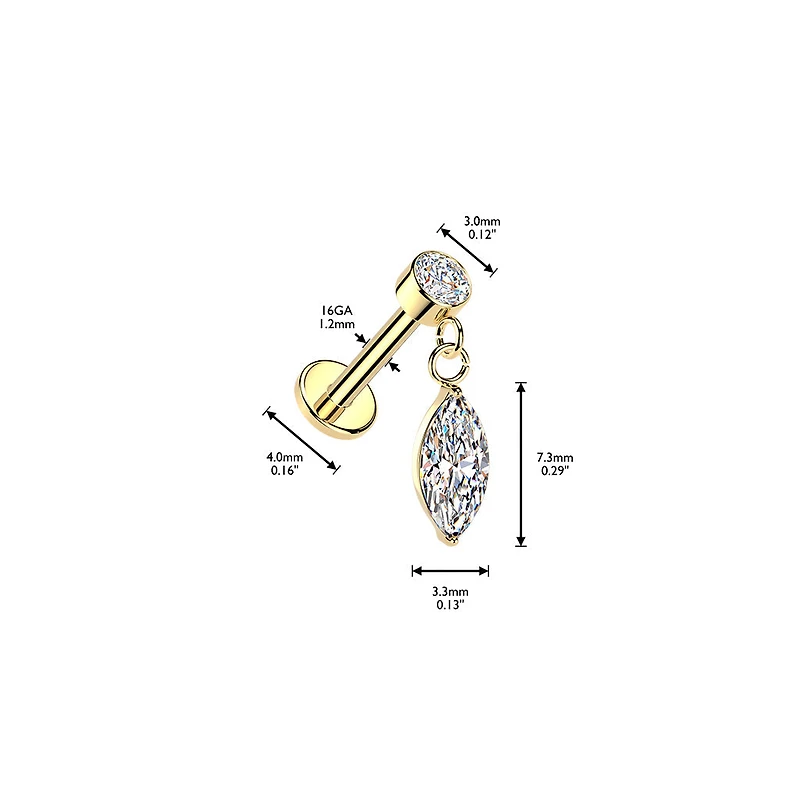 316L Surgical Steel White CZ Marquise Dangle Internally Threaded Flat Back Labret
