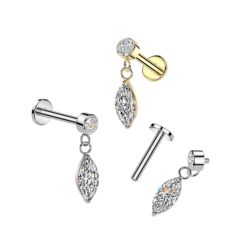 316L Surgical Steel Gold PVD White CZ Marquise Dangle Internally Threaded Flat Back Labret
