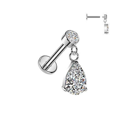 316L Surgical Steel White CZ Teardrop Dangle Internally Threaded Flat Back Labret