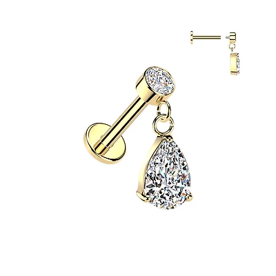 316L Surgical Steel Gold PVD White CZ Teardrop Dangle Internally Threaded Flat Back Labret