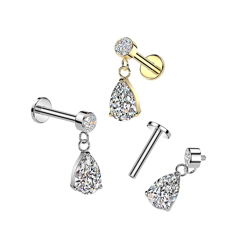 316L Surgical Steel White CZ Teardrop Dangle Internally Threaded Flat Back Labret