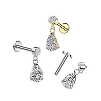 316L Surgical Steel Gold PVD White CZ Teardrop Dangle Internally Threaded Flat Back Labret